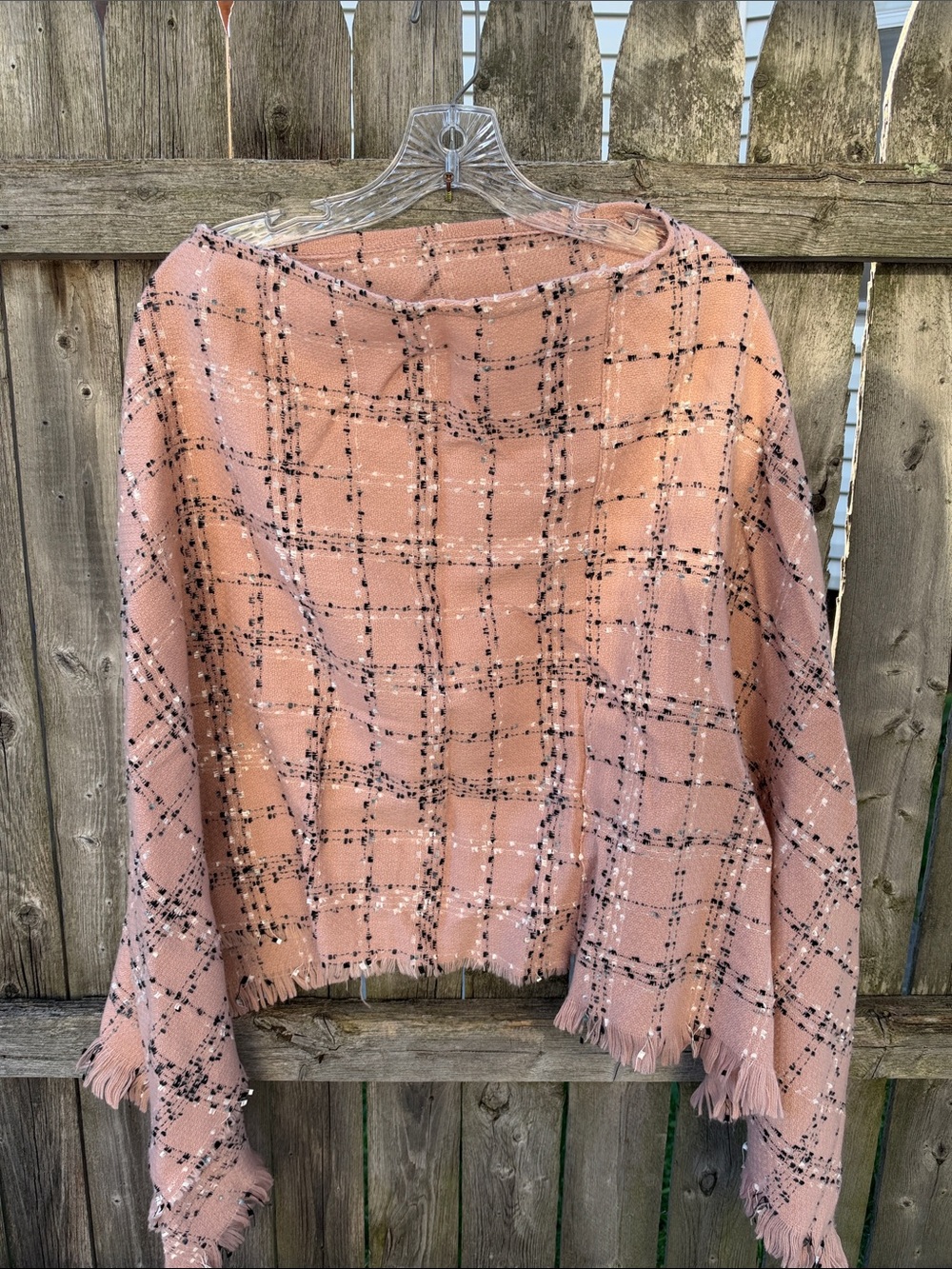 Women's Pink Plaid Fringe Knit Poncho